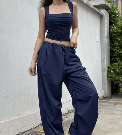 Womens Square Neck Low Cut Camisole Pleated Slim Fit Summer Top