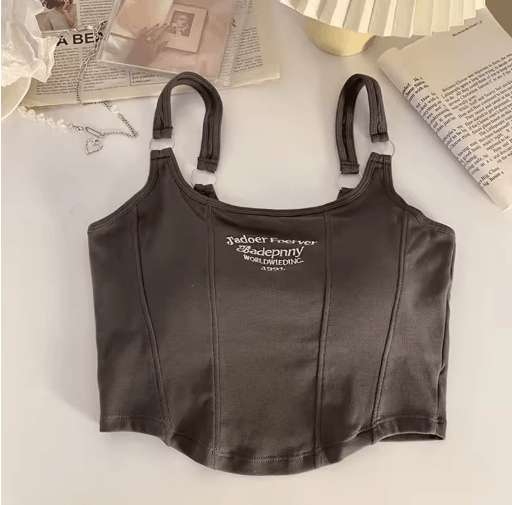 Womens Embroidered Letter Crop Top with Bra Pad and Iron Ring Detail