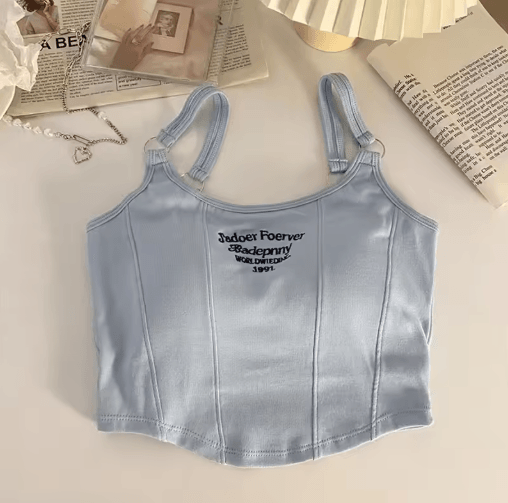 Womens Embroidered Letter Crop Top with Bra Pad and Iron Ring Detail