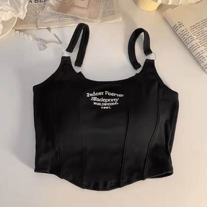 Womens Embroidered Letter Crop Top with Bra Pad and Iron Ring Detail