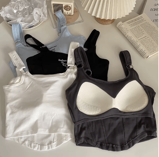 Womens Embroidered Letter Crop Top with Bra Pad and Iron Ring Detail