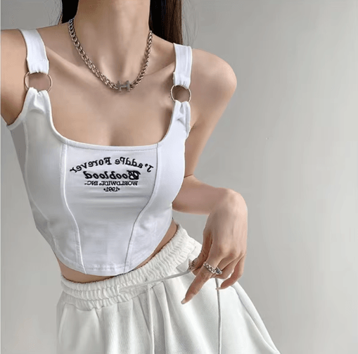 Womens Embroidered Letter Crop Top with Bra Pad and Iron Ring Detail