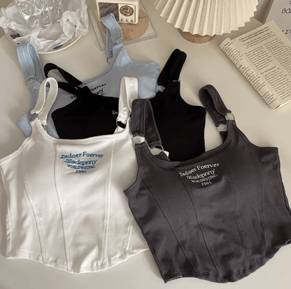 Womens Embroidered Letter Crop Top with Bra Pad and Iron Ring Detail