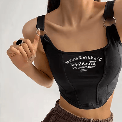 Womens Embroidered Letter Crop Top with Bra Pad and Iron Ring Detail