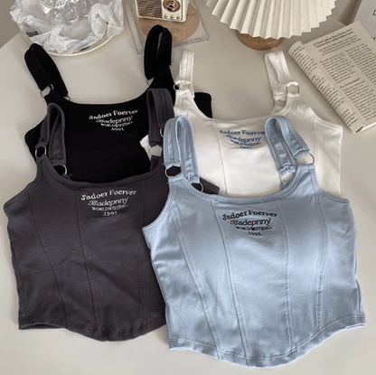 Womens Embroidered Letter Crop Top with Bra Pad and Iron Ring Detail