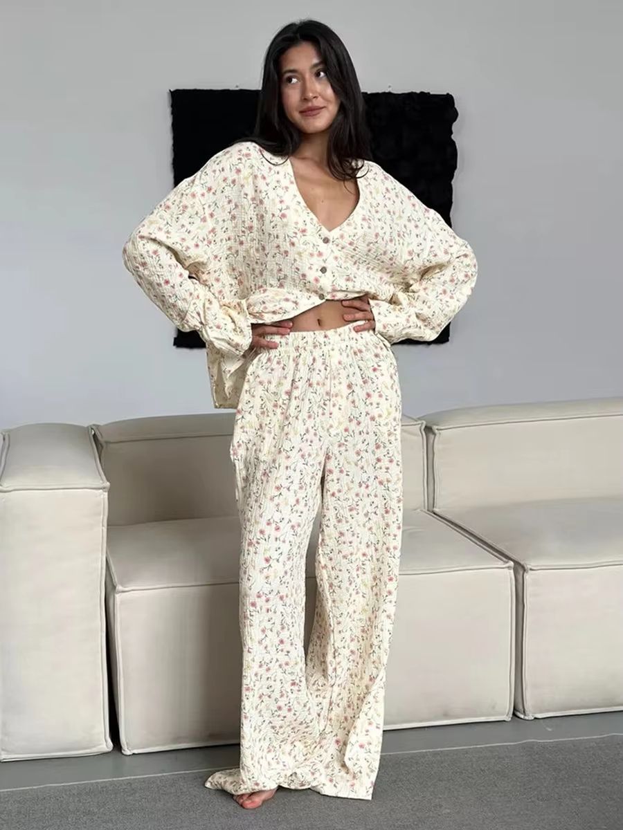 Muzuleva 100% Cotton Printed Cardigan Pajama Set for Women