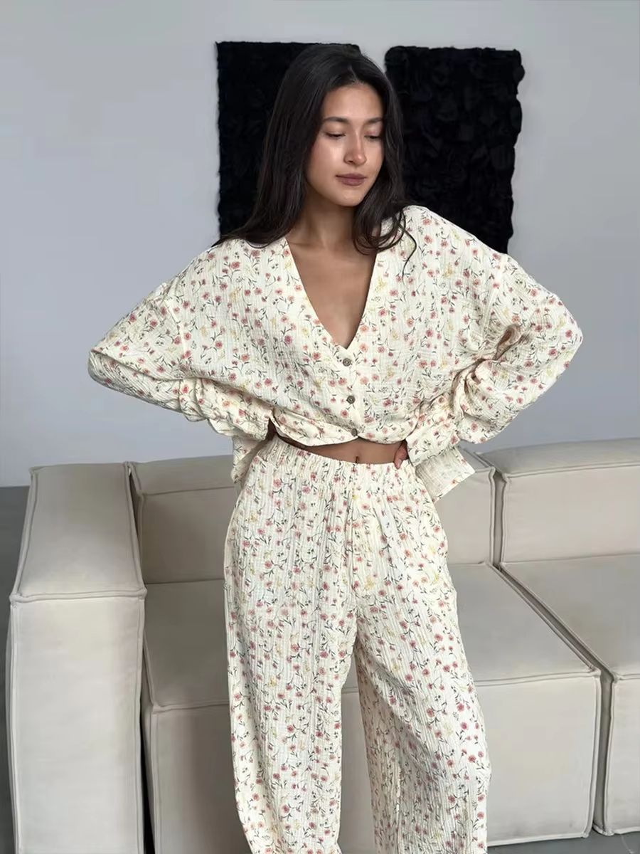 Muzuleva 100% Cotton Printed Cardigan Pajama Set for Women