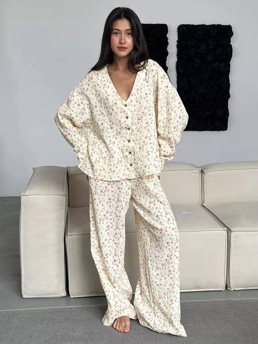 Muzuleva 100% Cotton Printed Cardigan Pajama Set for Women