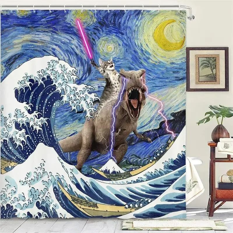 Creative Kids "Cat Riding Dinosaur" Shower Curtain