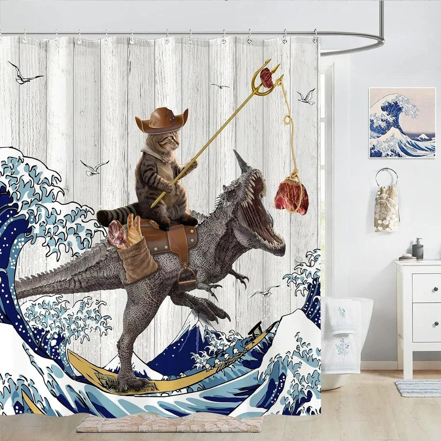 Creative Kids "Cat Riding Dinosaur" Shower Curtain