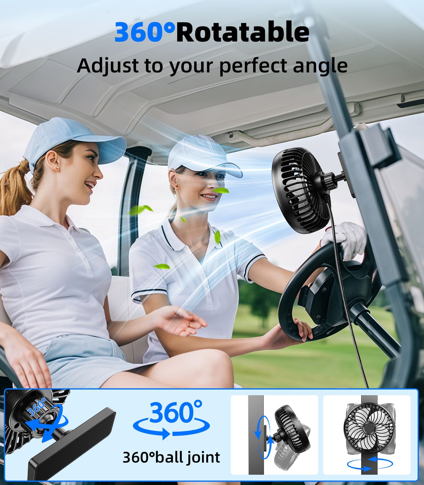 Magnetic USB Golf Cart Fan with 3-Speed Cooling & 360° Rotation for Outdoor Adventures