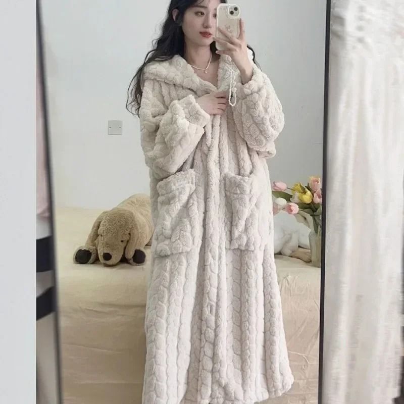 Womens Fleece Nightgown Hooded Winter One Piece Pajama Dress