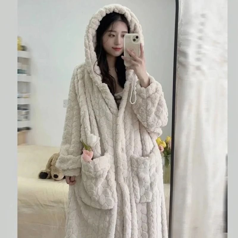 Womens Fleece Nightgown Hooded Winter One Piece Pajama Dress