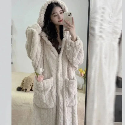 Womens Fleece Nightgown Hooded Winter One Piece Pajama Dress