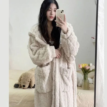 Womens Fleece Nightgown Hooded Winter One Piece Pajama Dress