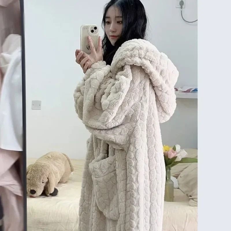Womens Fleece Nightgown Hooded Winter One Piece Pajama Dress
