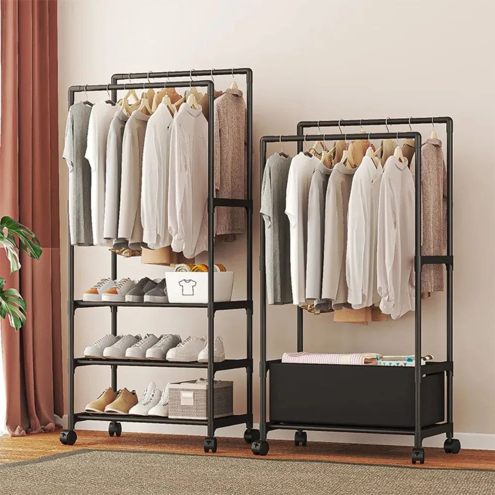 UrbanGlide Double Pole Coat Rack with Shelves – Rolling Entryway Garment Rack with Multi-Layer Storage