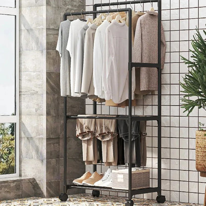 UrbanGlide Double Pole Coat Rack with Shelves – Rolling Entryway Garment Rack with Multi-Layer Storage