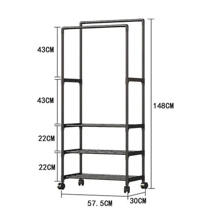 UrbanGlide Double Pole Coat Rack with Shelves – Rolling Entryway Garment Rack with Multi-Layer Storage