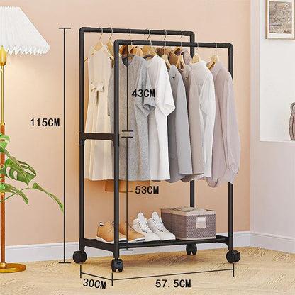 UrbanGlide Double Pole Coat Rack with Shelves – Rolling Entryway Garment Rack with Multi-Layer Storage