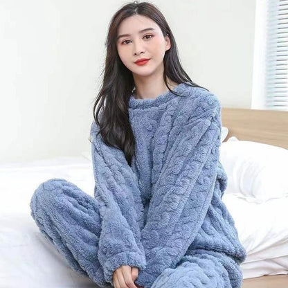 Women Autumn Warm Ribbed Fleece 2 Piece Pullover and Pants Set