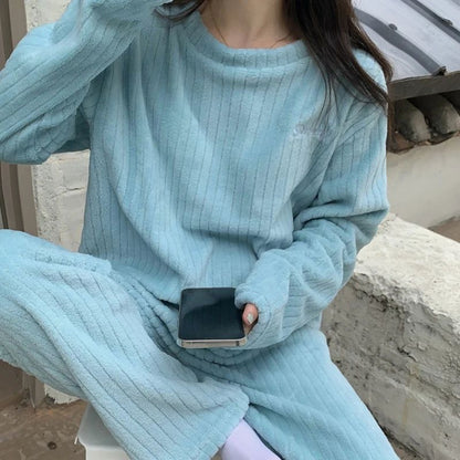 Women Autumn Warm Ribbed Fleece 2 Piece Pullover and Pants Set