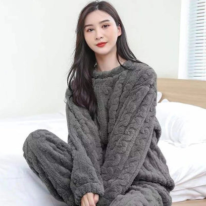 Women Autumn Warm Ribbed Fleece 2 Piece Pullover and Pants Set