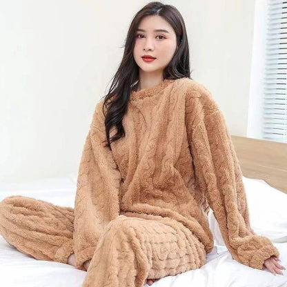 Women Autumn Warm Ribbed Fleece 2 Piece Pullover and Pants Set