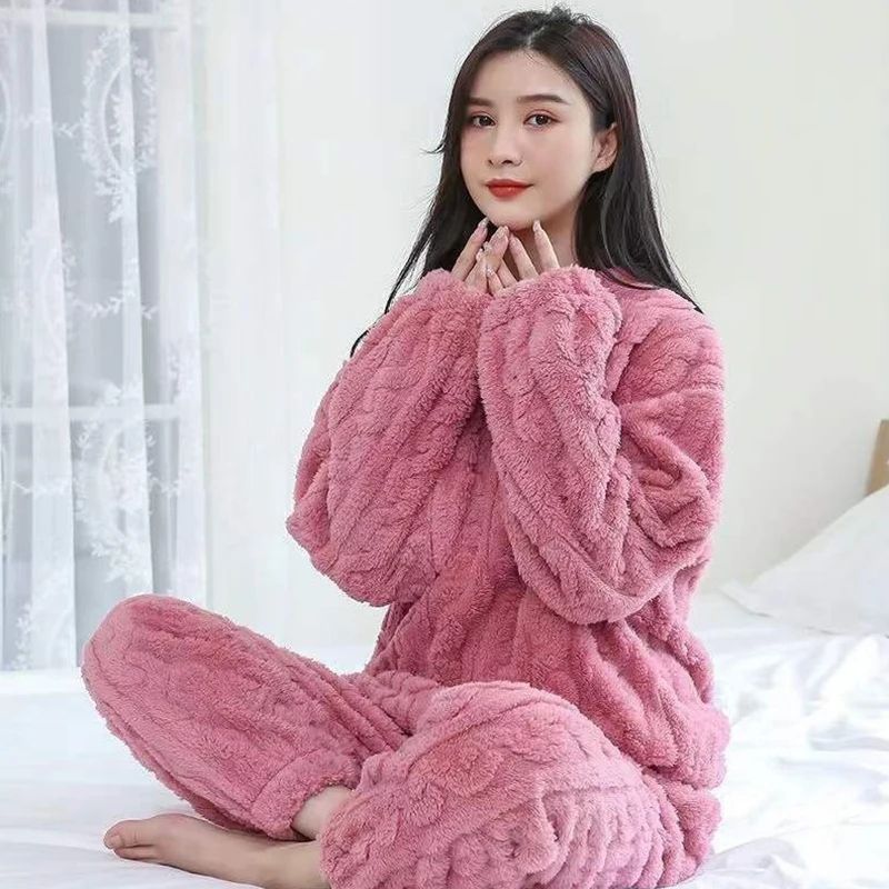 Women Autumn Warm Ribbed Fleece 2 Piece Pullover and Pants Set