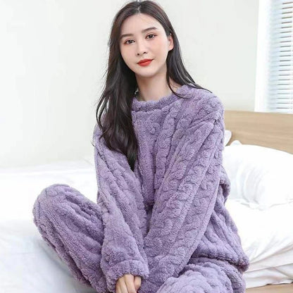 Women Autumn Warm Ribbed Fleece 2 Piece Pullover and Pants Set