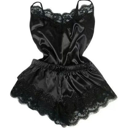 Women Satin Lace Sleepwear Set with V-Neck Cami Top and Shorts