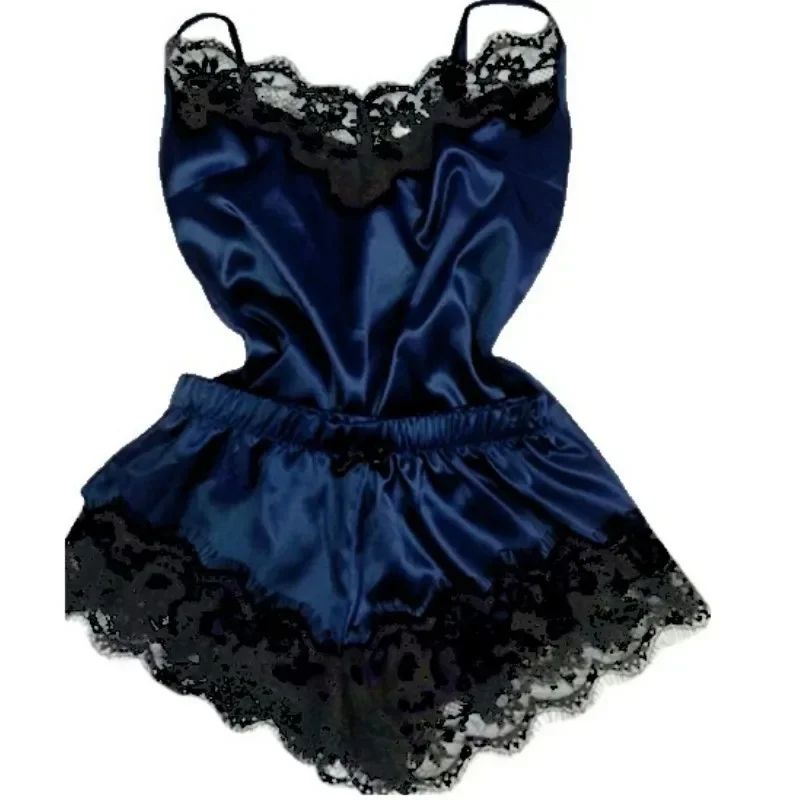 Women Satin Lace Sleepwear Set with V-Neck Cami Top and Shorts