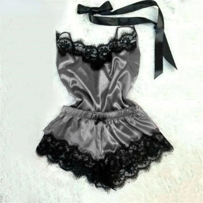 Women Satin Lace Sleepwear Set with V-Neck Cami Top and Shorts