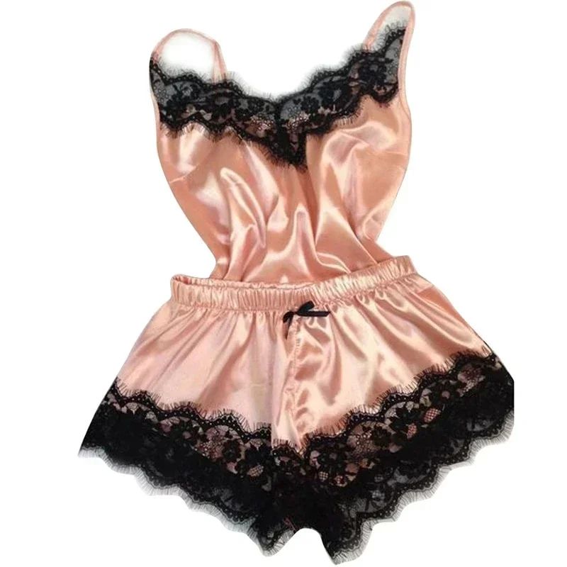 Women Satin Lace Sleepwear Set with V-Neck Cami Top and Shorts