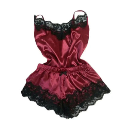 Women Satin Lace Sleepwear Set with V-Neck Cami Top and Shorts