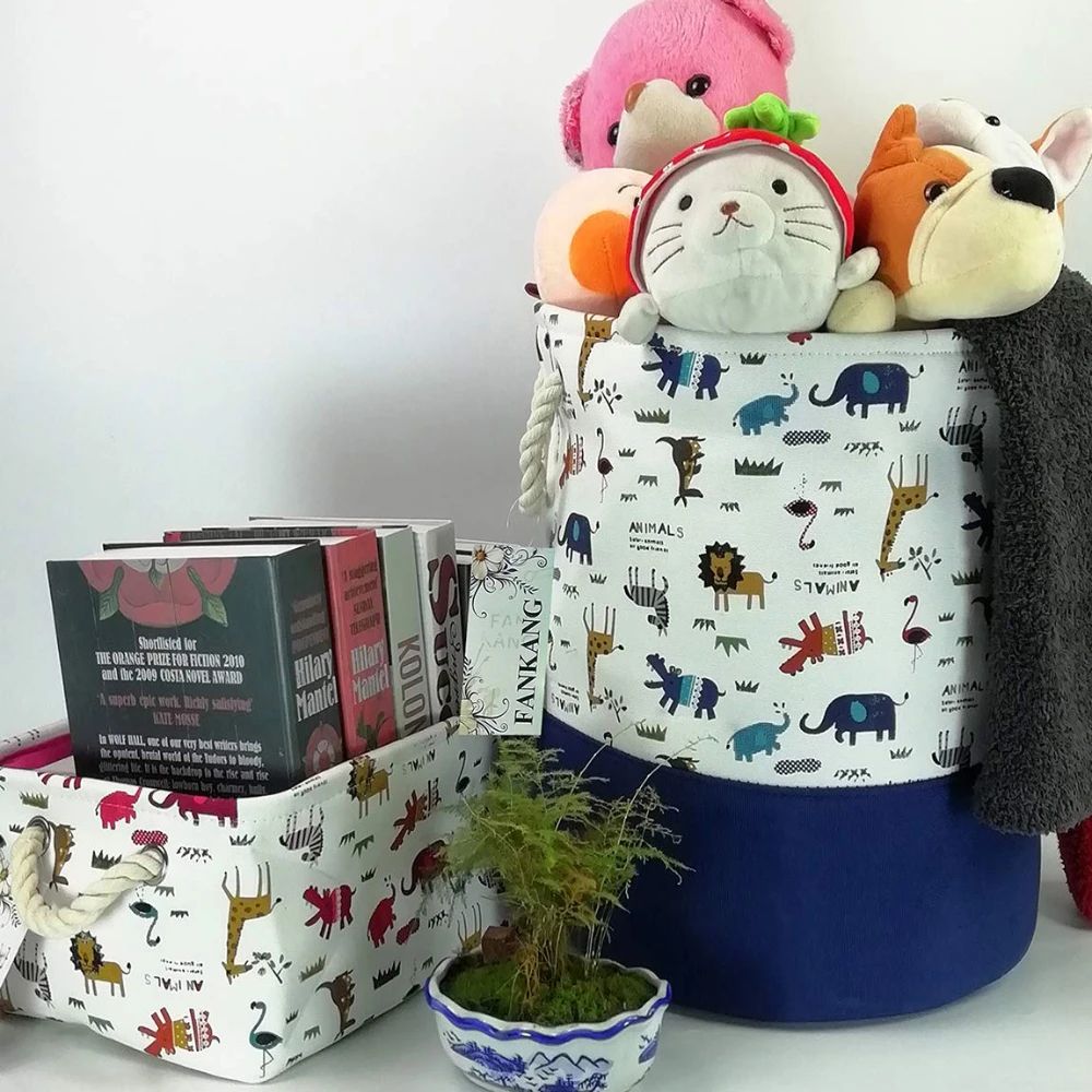 CuteNest Cartoon Toy Storage Basket – Collapsible Drawstring Fabric Organizer Bin