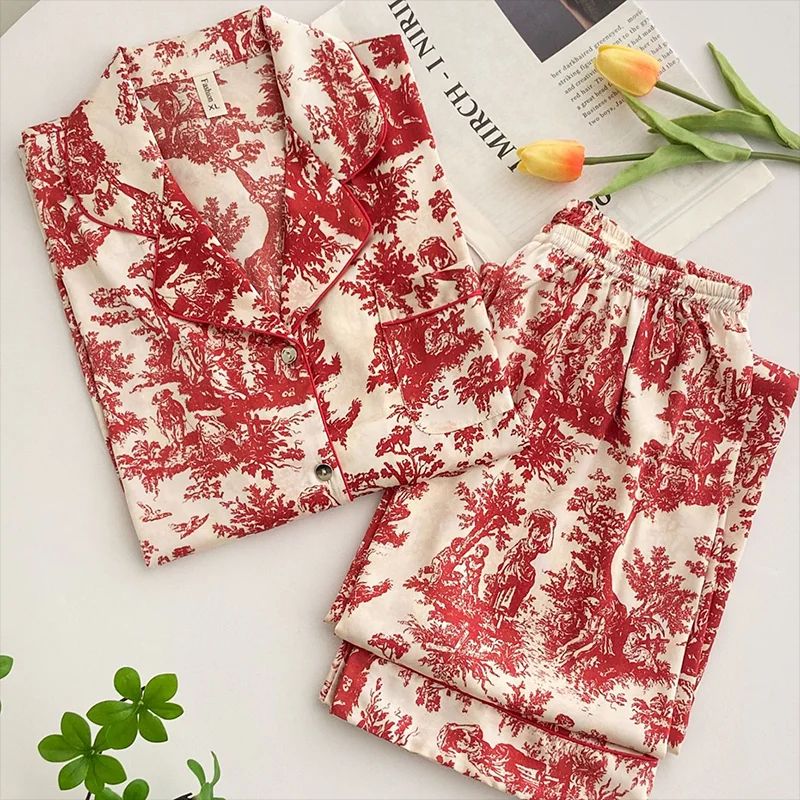Women Floral Print Satin Pajama Set with Loose Top and Trousers