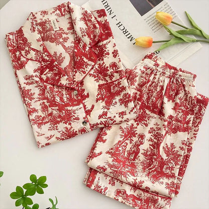 Women Floral Print Satin Pajama Set with Loose Top and Trousers