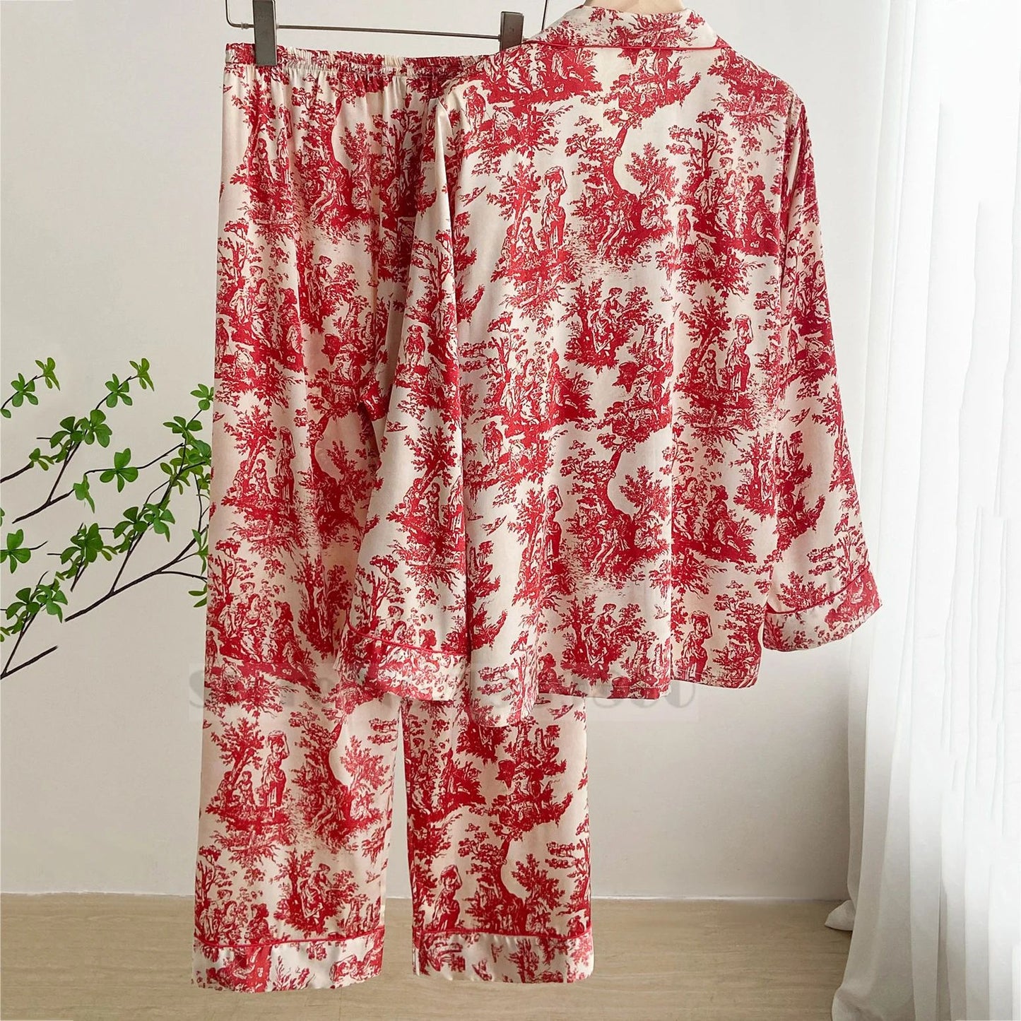 Women Floral Print Satin Pajama Set with Loose Top and Trousers