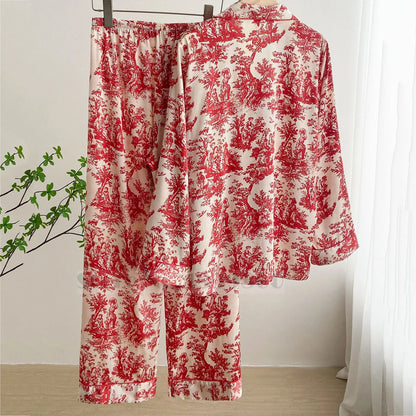 Women Floral Print Satin Pajama Set with Loose Top and Trousers