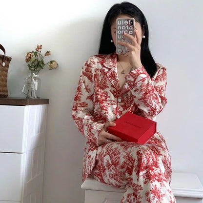 Women Floral Print Satin Pajama Set with Loose Top and Trousers