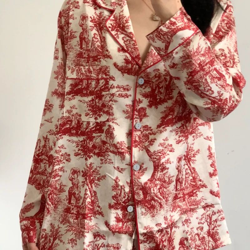 Women Floral Print Satin Pajama Set with Loose Top and Trousers