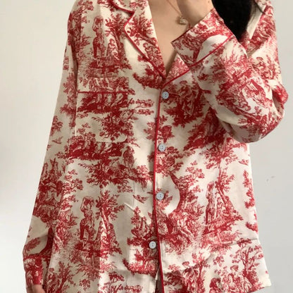 Women Floral Print Satin Pajama Set with Loose Top and Trousers