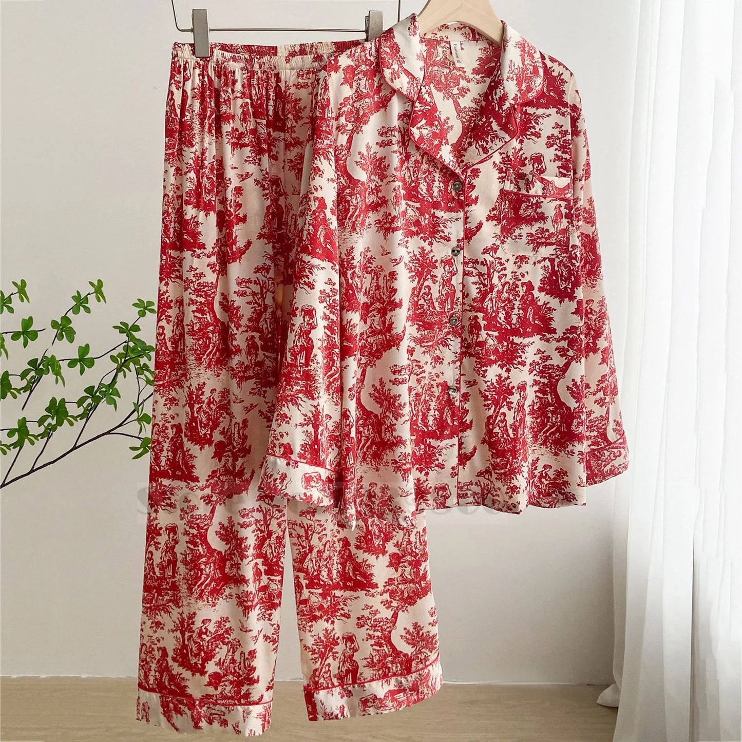 Women Floral Print Satin Pajama Set with Loose Top and Trousers