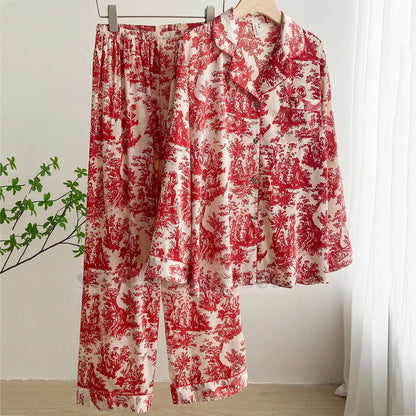 Women Floral Print Satin Pajama Set with Loose Top and Trousers