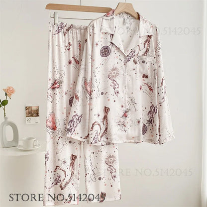 Women Floral Print Satin Pajama Set with Loose Top and Trousers