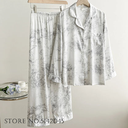 Women Floral Print Satin Pajama Set with Loose Top and Trousers