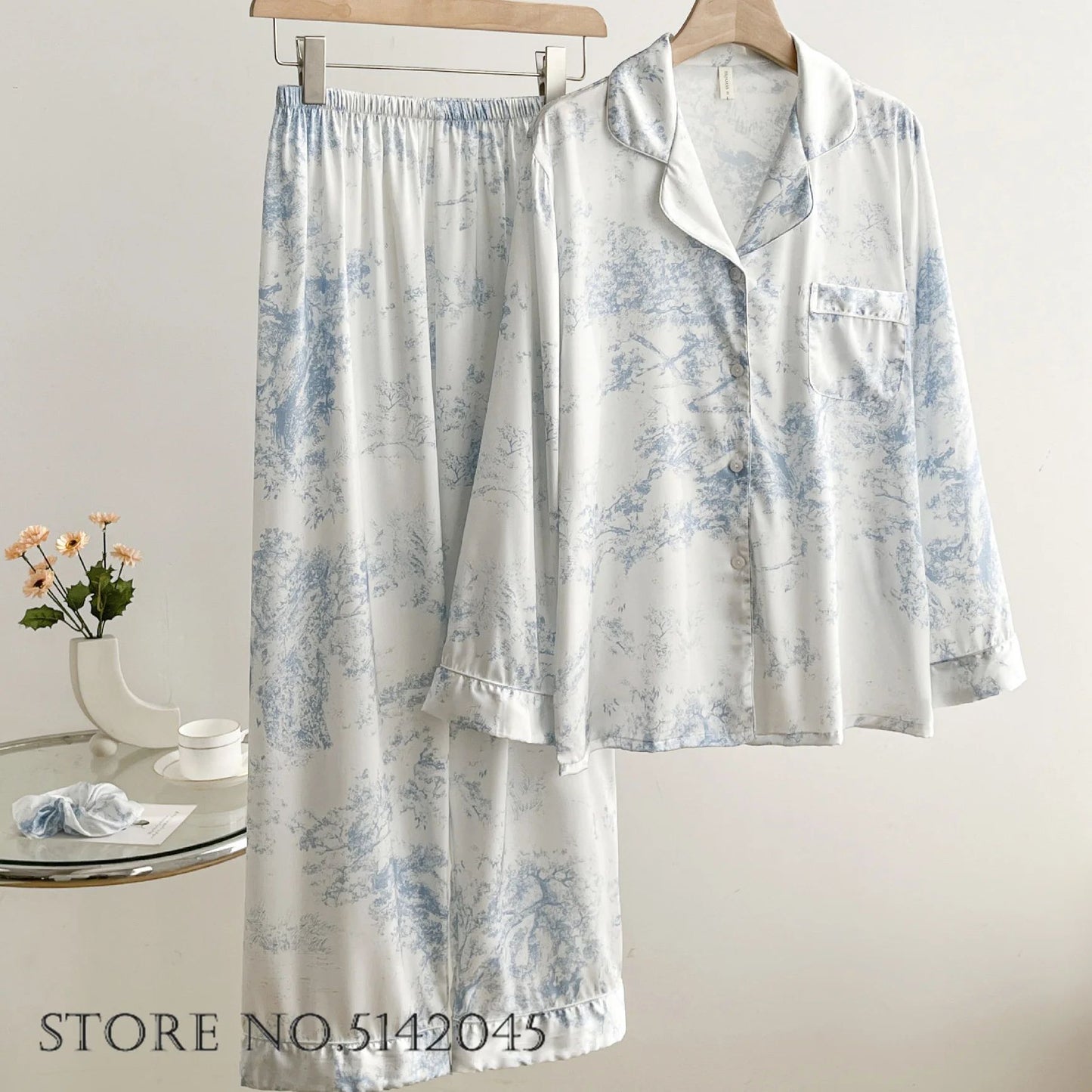 Women Floral Print Satin Pajama Set with Loose Top and Trousers