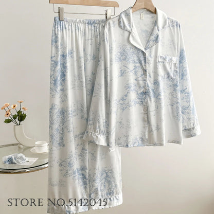 Women Floral Print Satin Pajama Set with Loose Top and Trousers