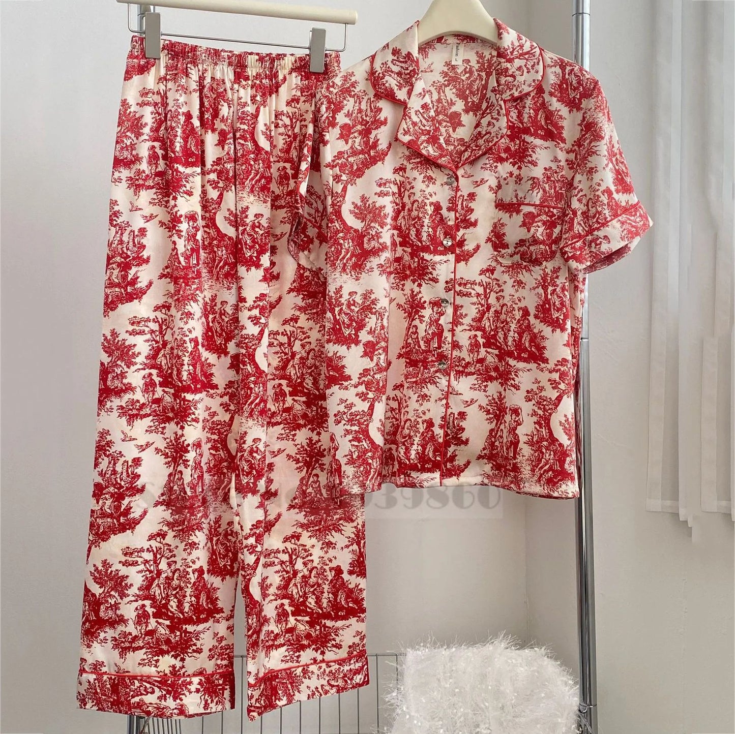 Women Floral Print Satin Pajama Set with Loose Top and Trousers